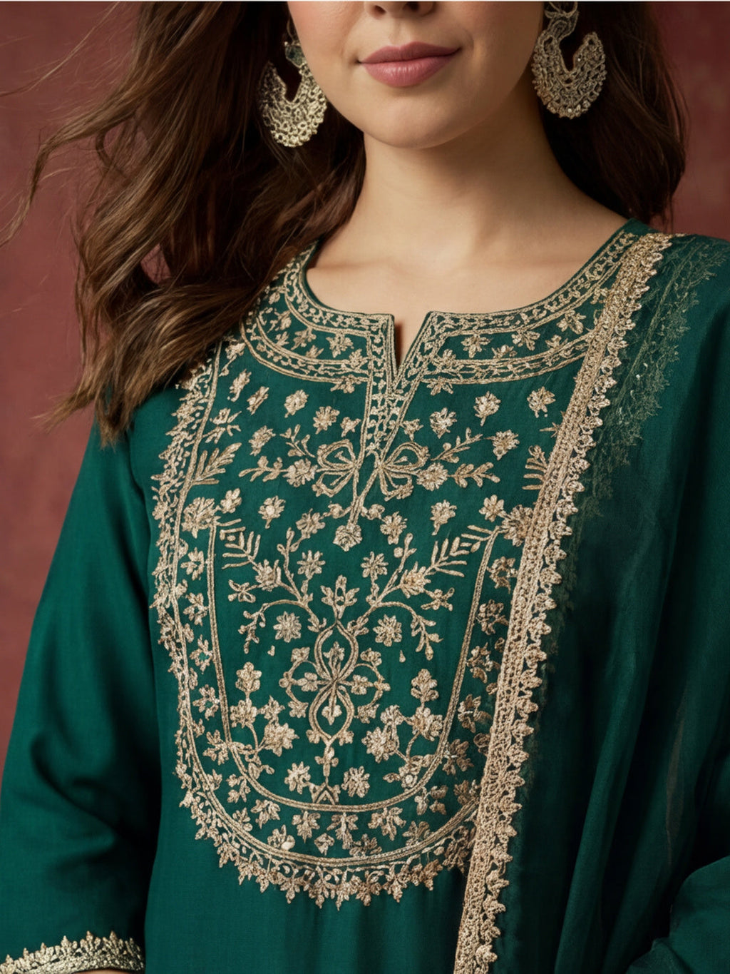 Embroidered Silk Blend Kurta pant & Organza Dupatta Set For Women