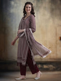 Striped Printed Thread Work Pure Cotton Kurta With Pant & Mulmul Dupatta