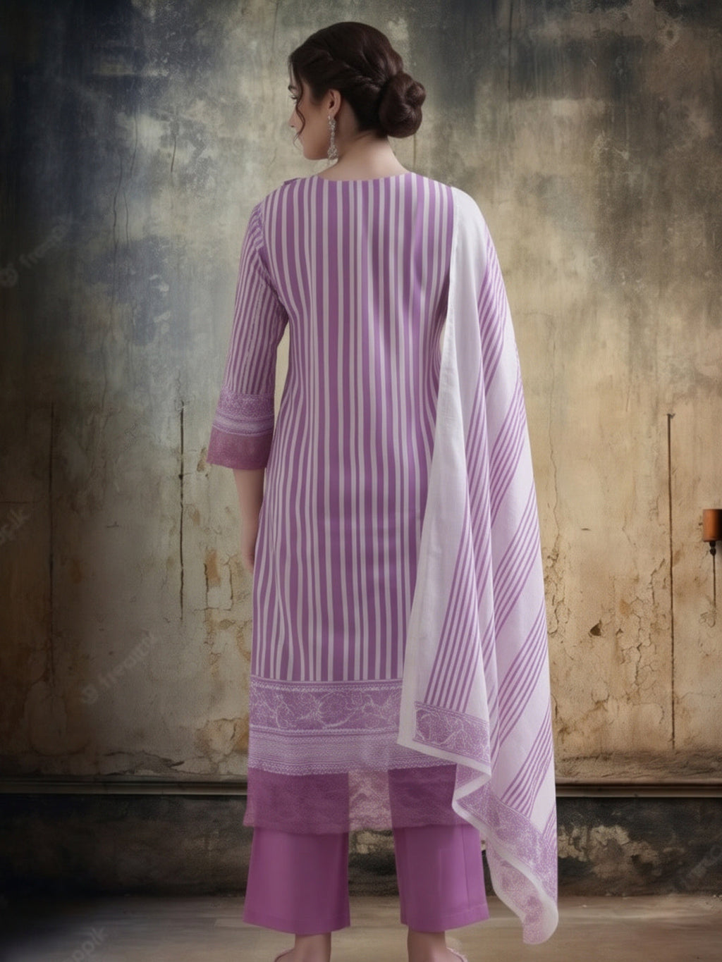Striped Printed Thread Work Pure Cotton Kurta With Pant & Mulmul Dupatta