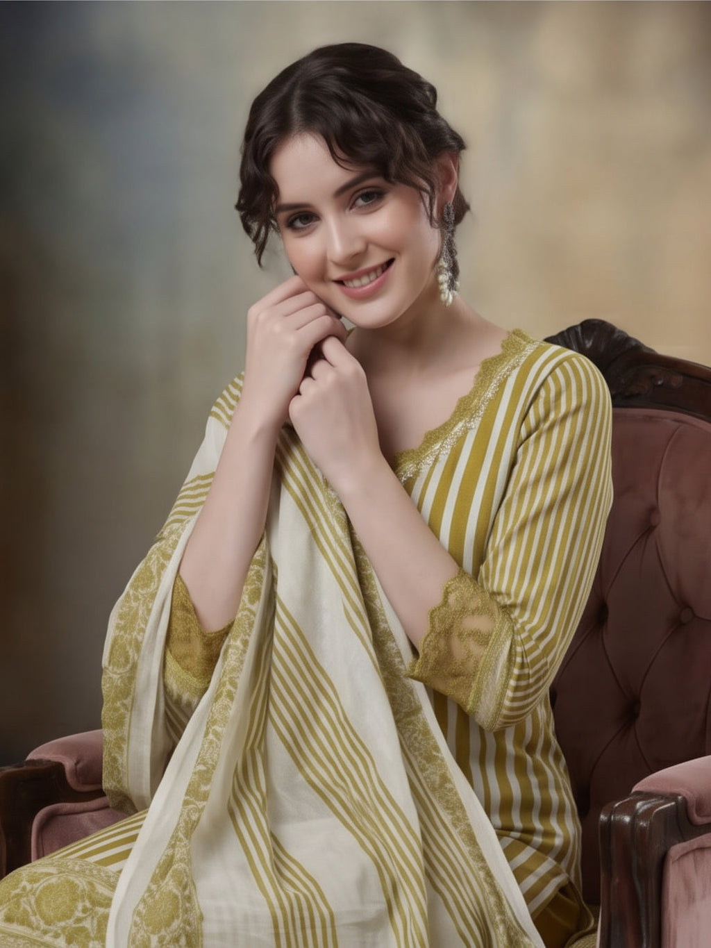 Striped Printed Thread Work Pure Cotton Kurta With Pant & Mulmul Dupatta